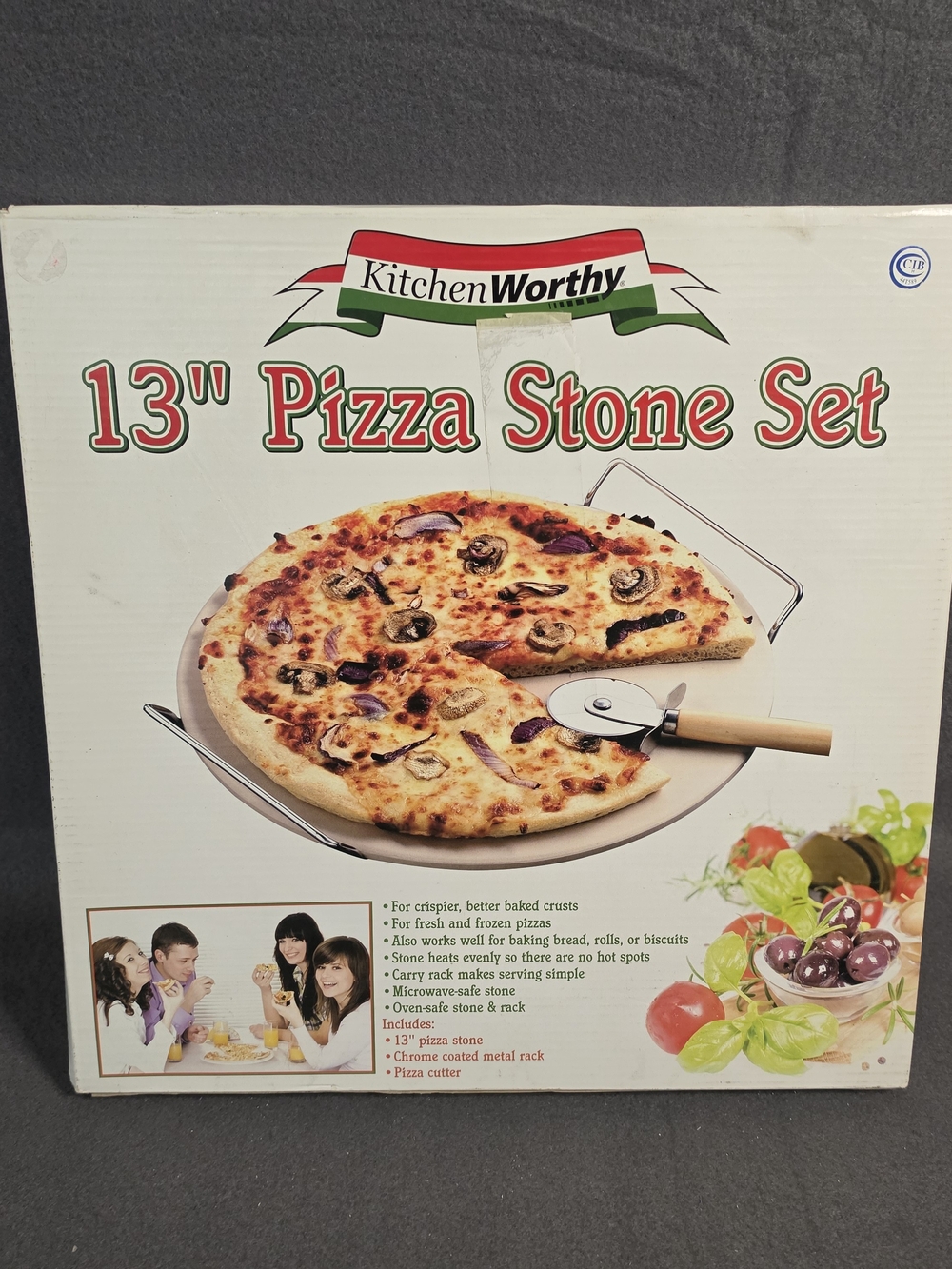 13" Pizza Stone Set – White Pizza Stone with Rack & Cutter
